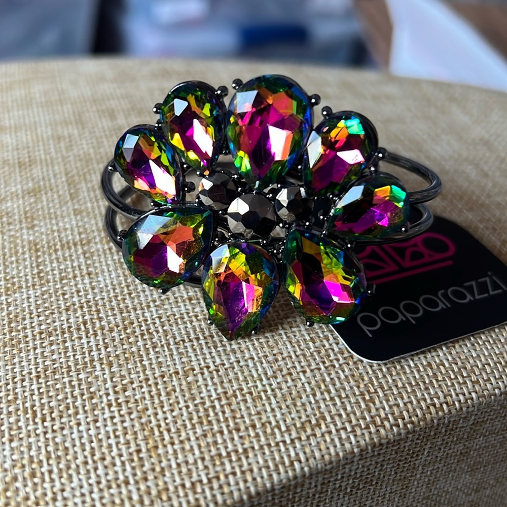 Watermelon, rhinestone floral, gunmetal hinge bracelet